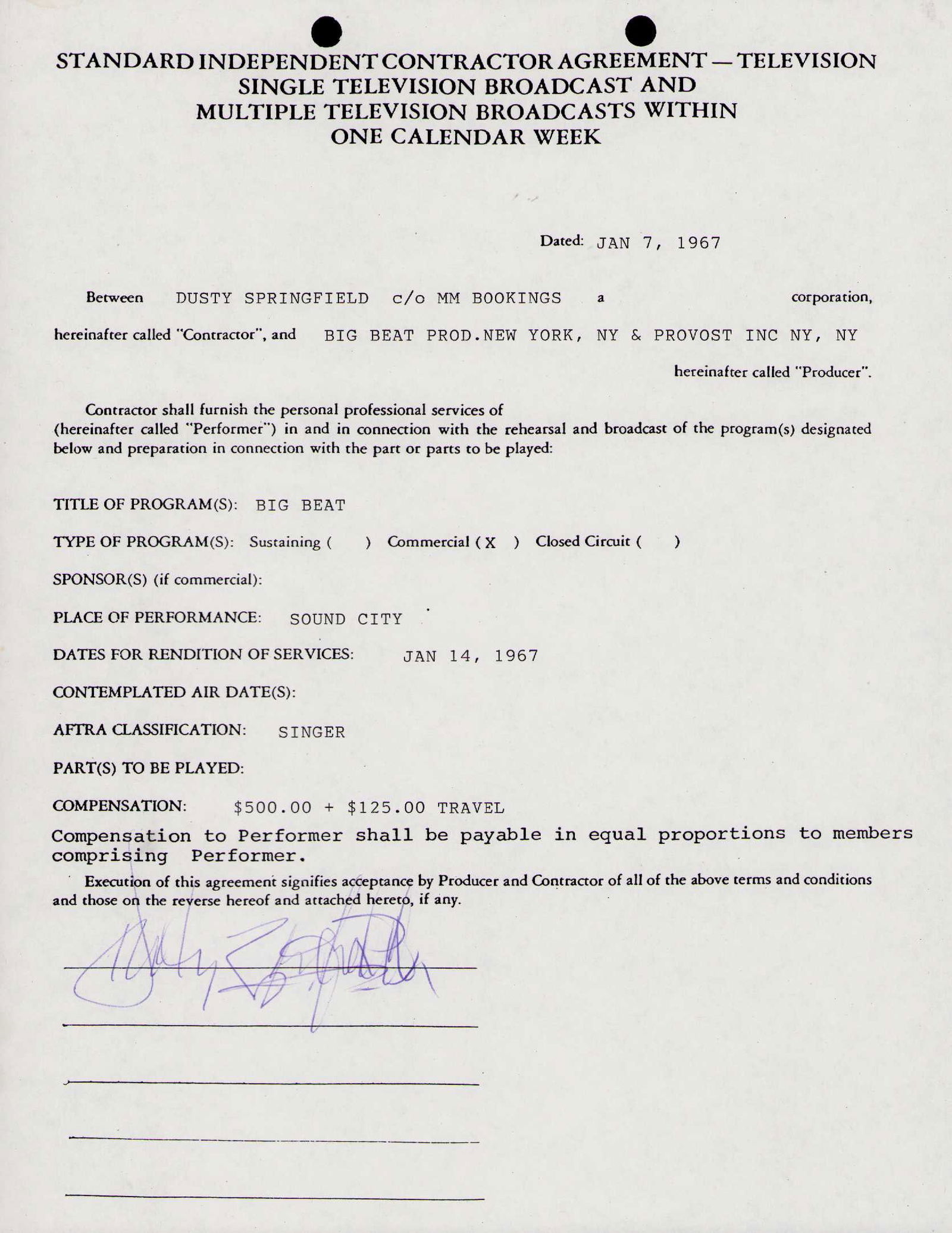 Dusty Springfield signed contract (1 of 1)