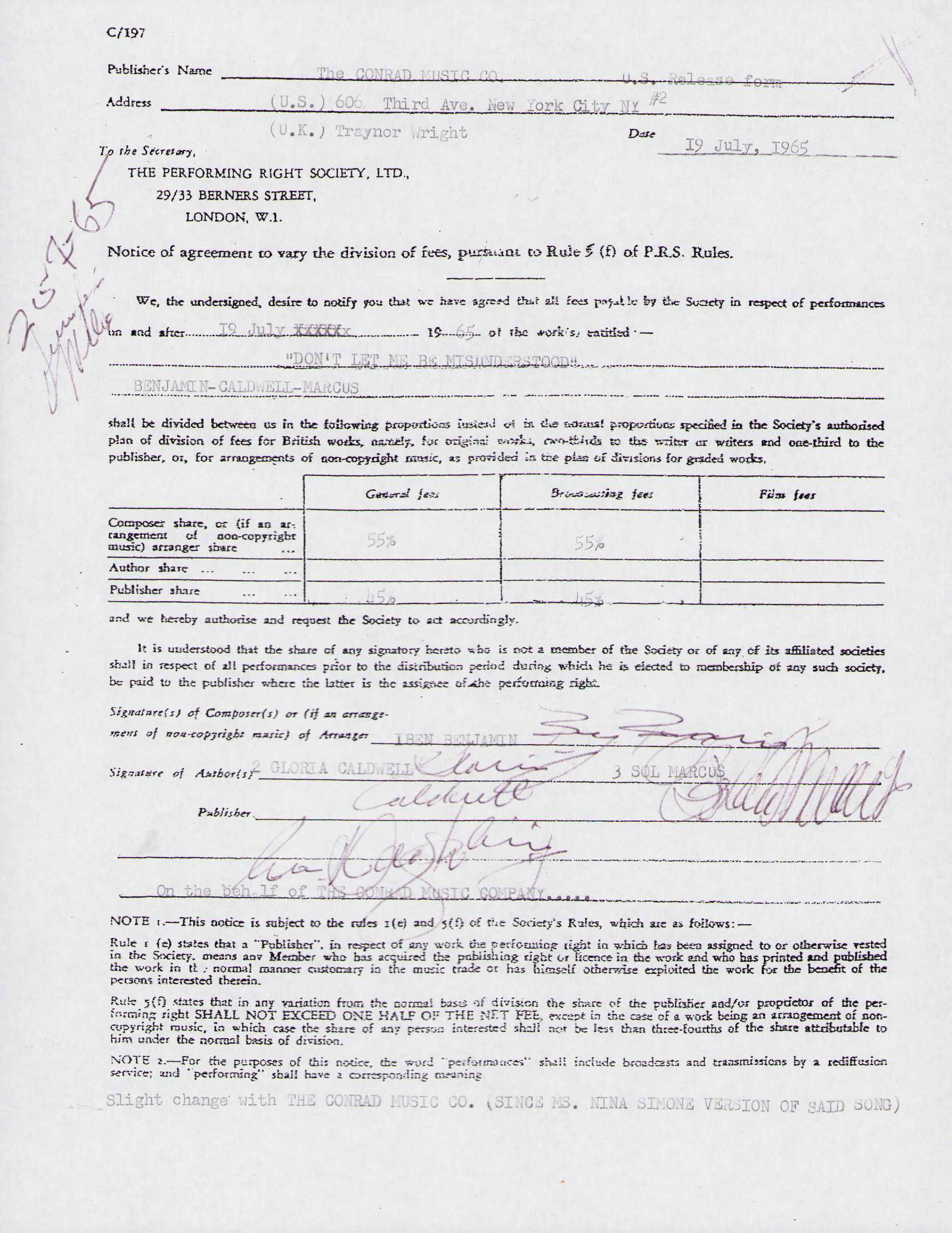 Don't let me be Misunderstood contract signed: Royalty agreement for the classic song signed in 1965 by benjamin Marcus and Caldwell the composers Certificate of AuthenticityEVERY item in this auction comes with at minimum a full illustrated seria