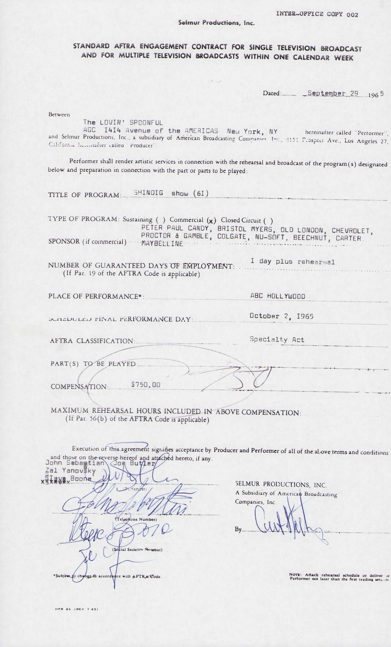 The Lovin Spoonful signed contract (1 of 1)