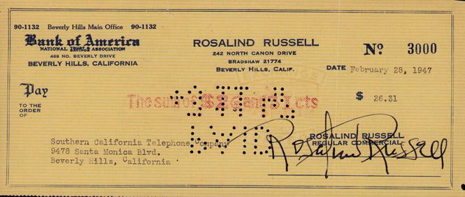 Rosalind Russell signed bank check