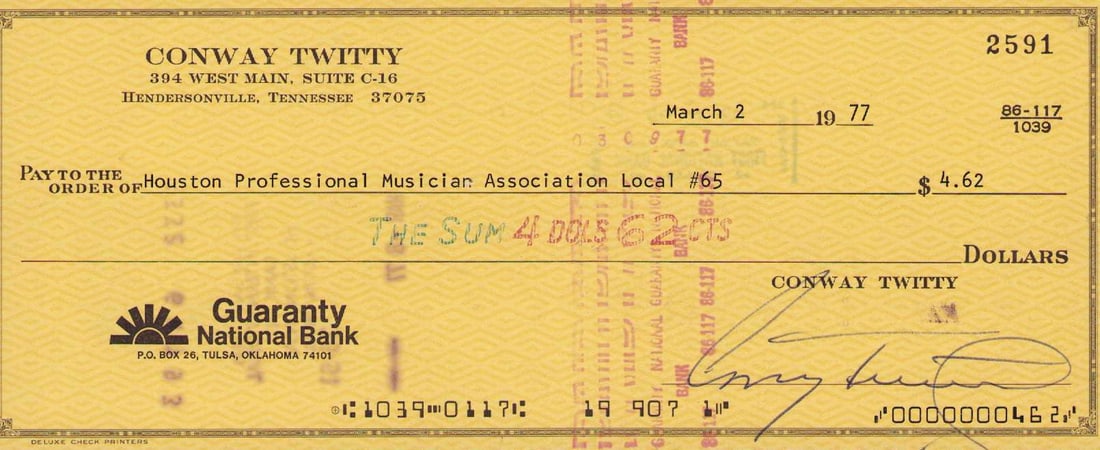 Conway Twitty signed bank check (1 of 1)