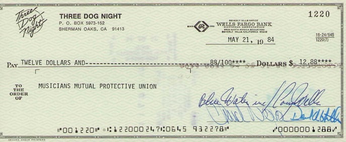 Three Dog Night signed bank check