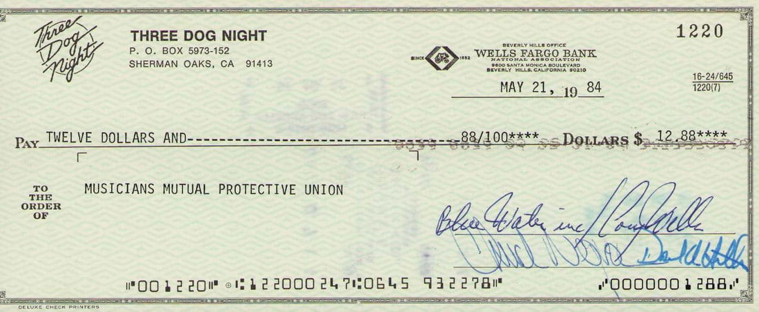 Three Dog Night signed bank check (1 of 1)