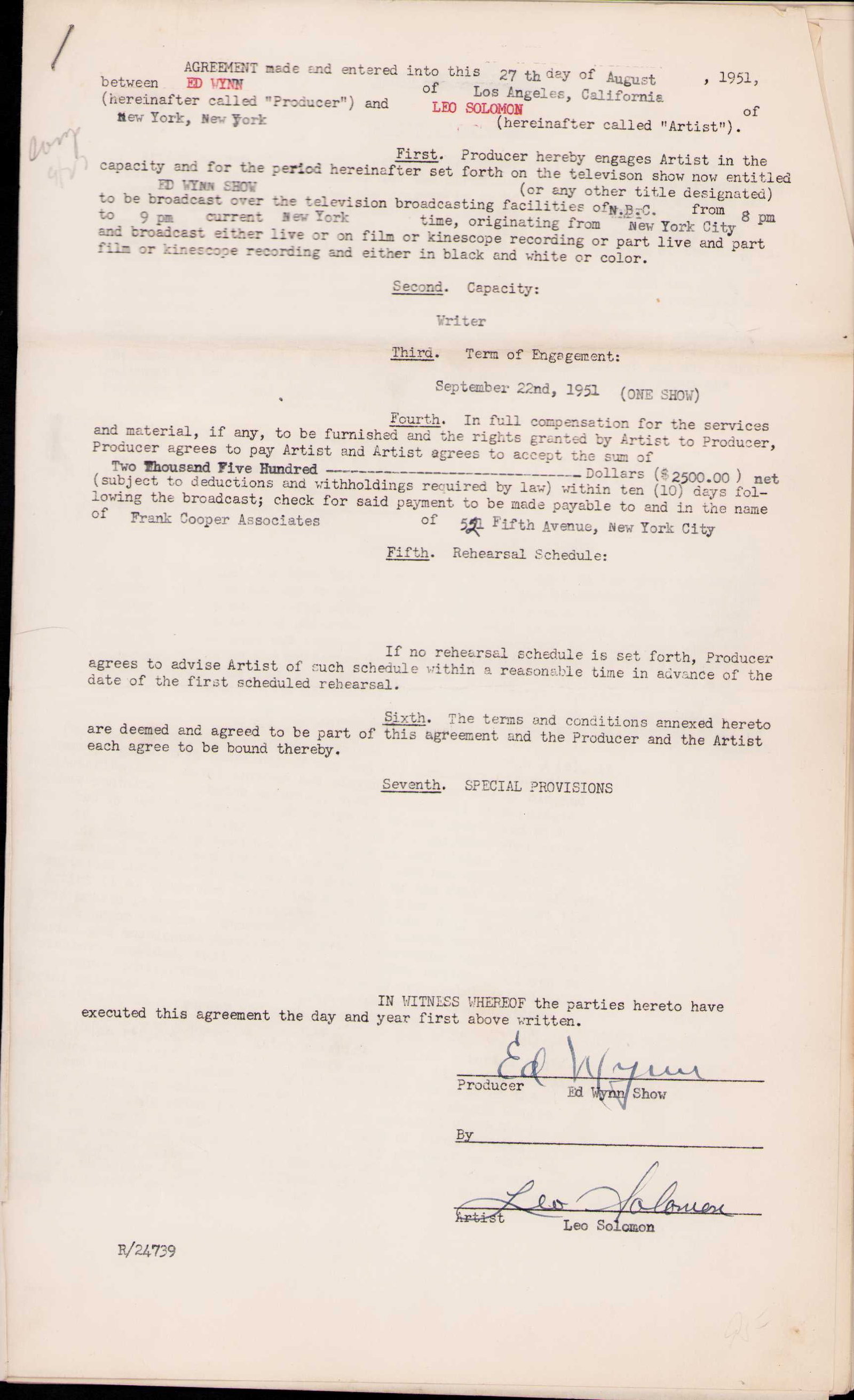 Ed Wynn signed contract: Multi page full contract signed with NBC for show in 1951 EARLY TV History Certificate of AuthenticityEVERY item in this auction comes with at minimum a full illustrated serial numbered COA signed by