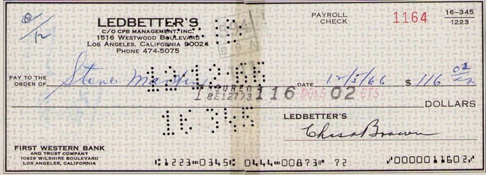 Steve Martin EARLIEST possible bank check signed