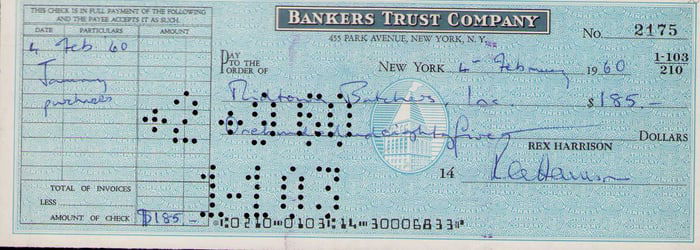 Rex Harrison signed bank check
