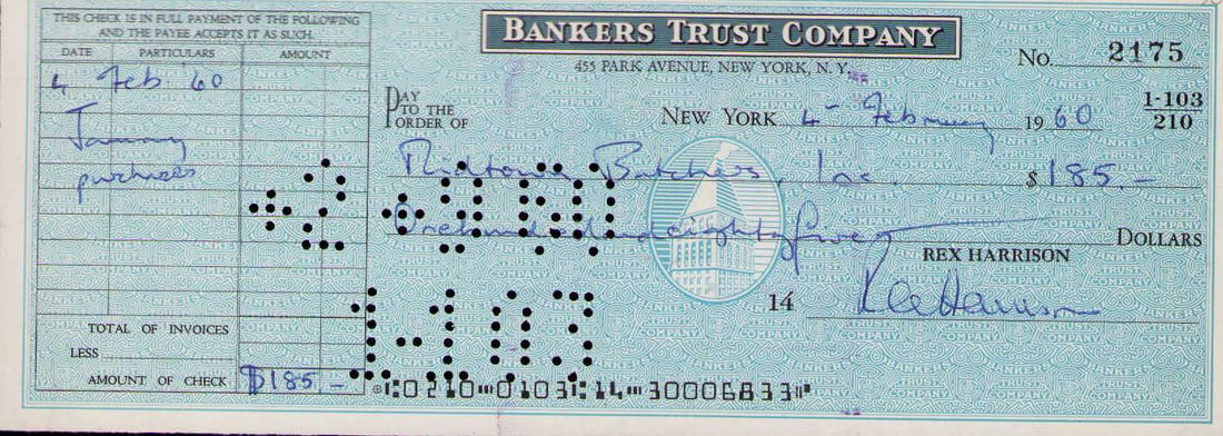 Rex Harrison signed bank check (1 of 1)