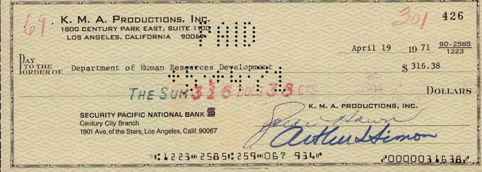 Goldie Hawn signed bank check