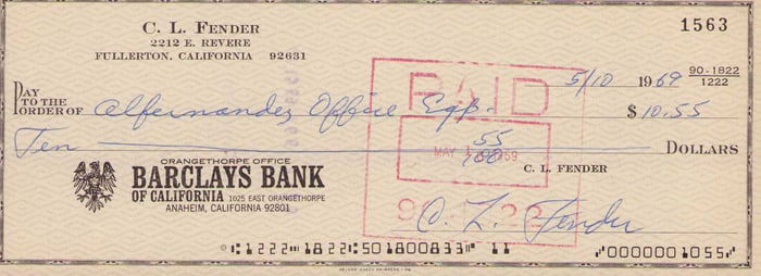 CL Fender signed bank check
