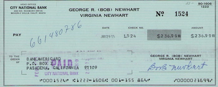 Bob Newhart signed bank check