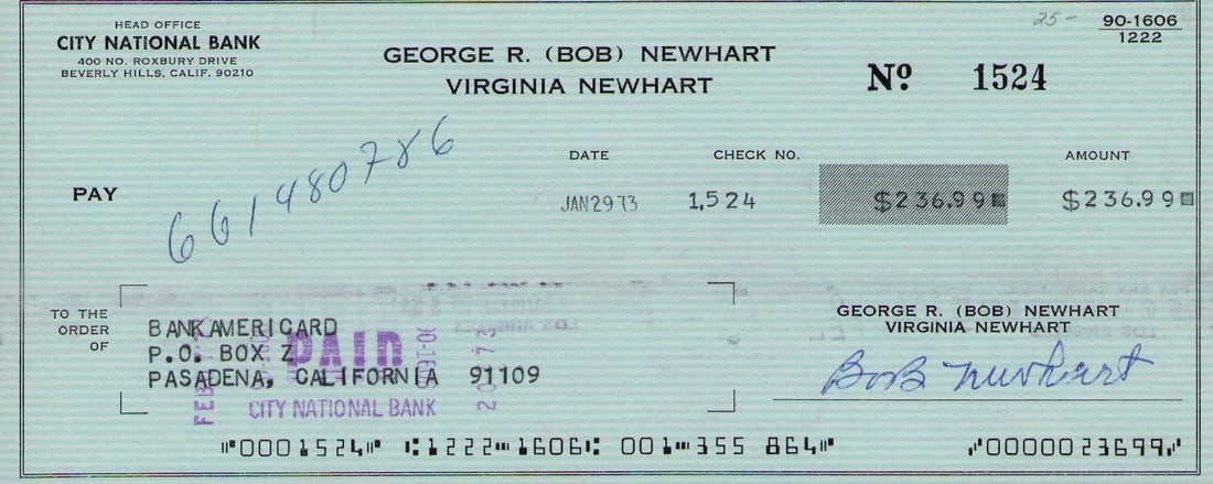 Bob Newhart signed bank check: A bank check signed by legendary star who just passed away the check is dated 1973 during his first Tv show run Certificate of AuthenticityEVERY item in this auction comes with at minimum a full illus