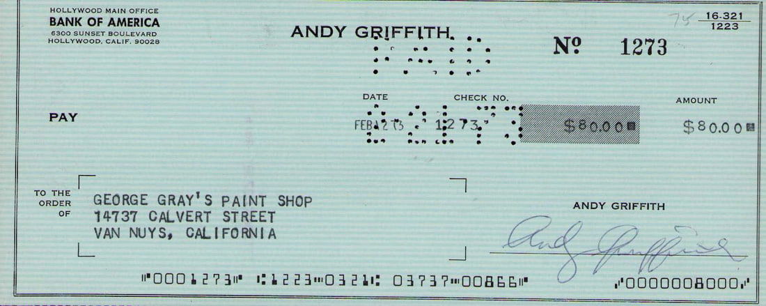 Andy Griffith signed bank check (1 of 1)