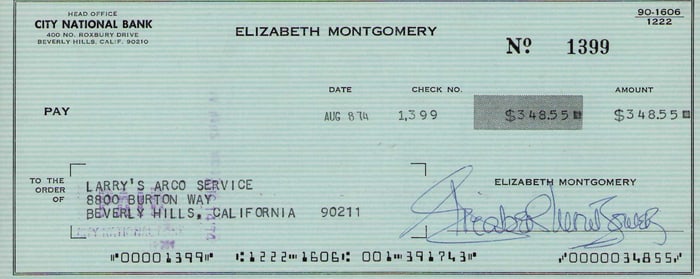 Elizabeth Montgomery signed bank check