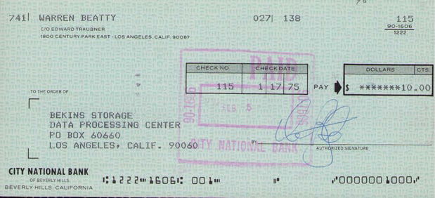 Warren Beaty signed bank check