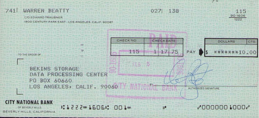 Warren Beaty signed bank check (1 of 1)