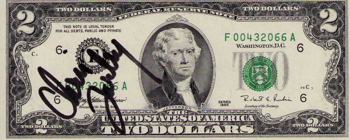 Chris Farley signed 2 dollar bill