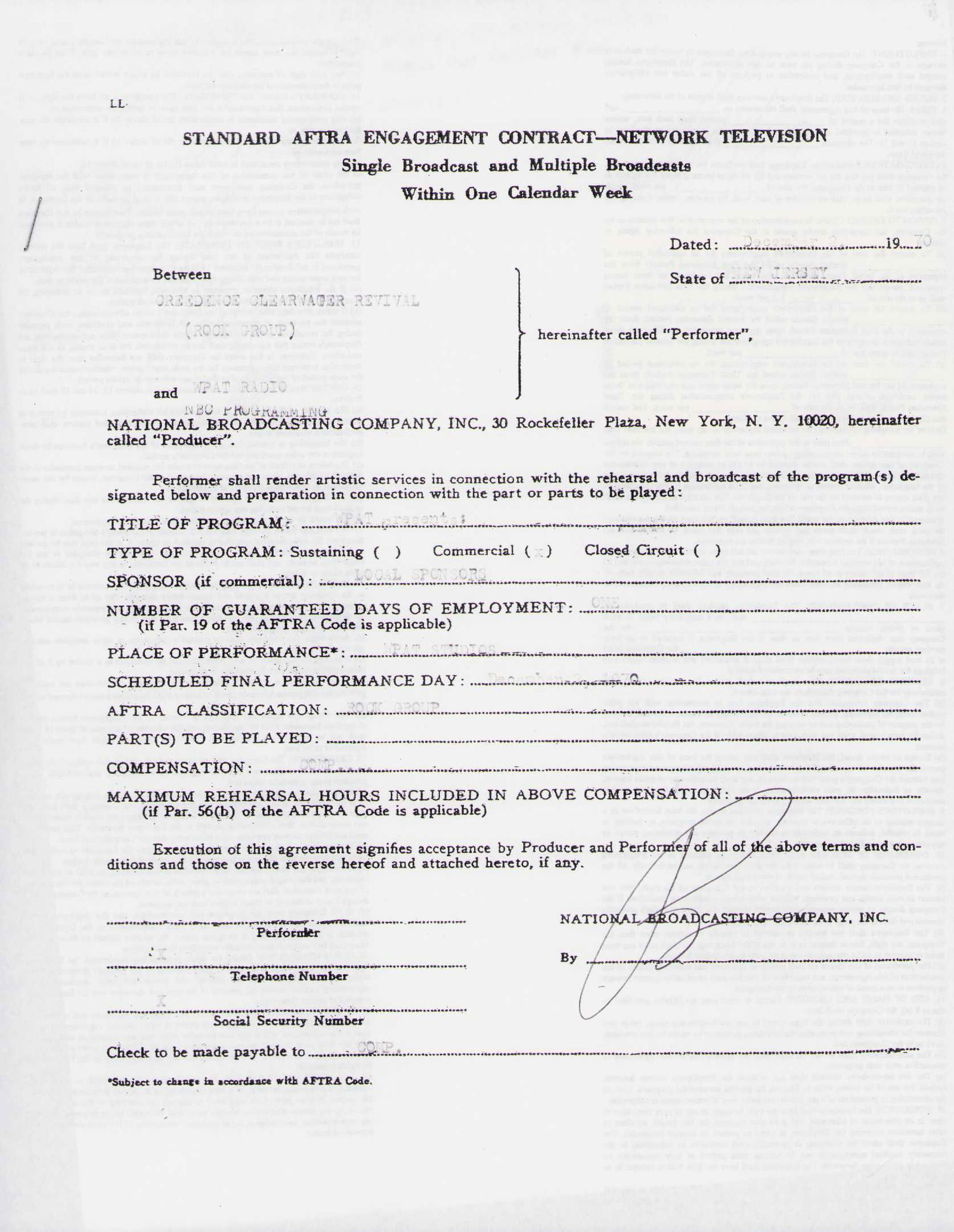 Credence Clearwater Revival contract signed (1 of 2)