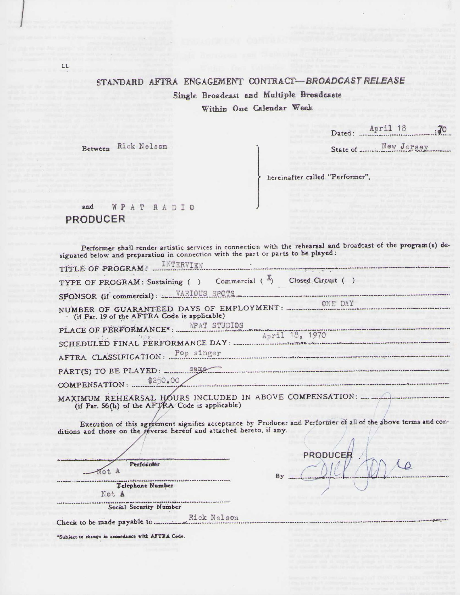 Ricky Nelson signed contract (1 of 2)