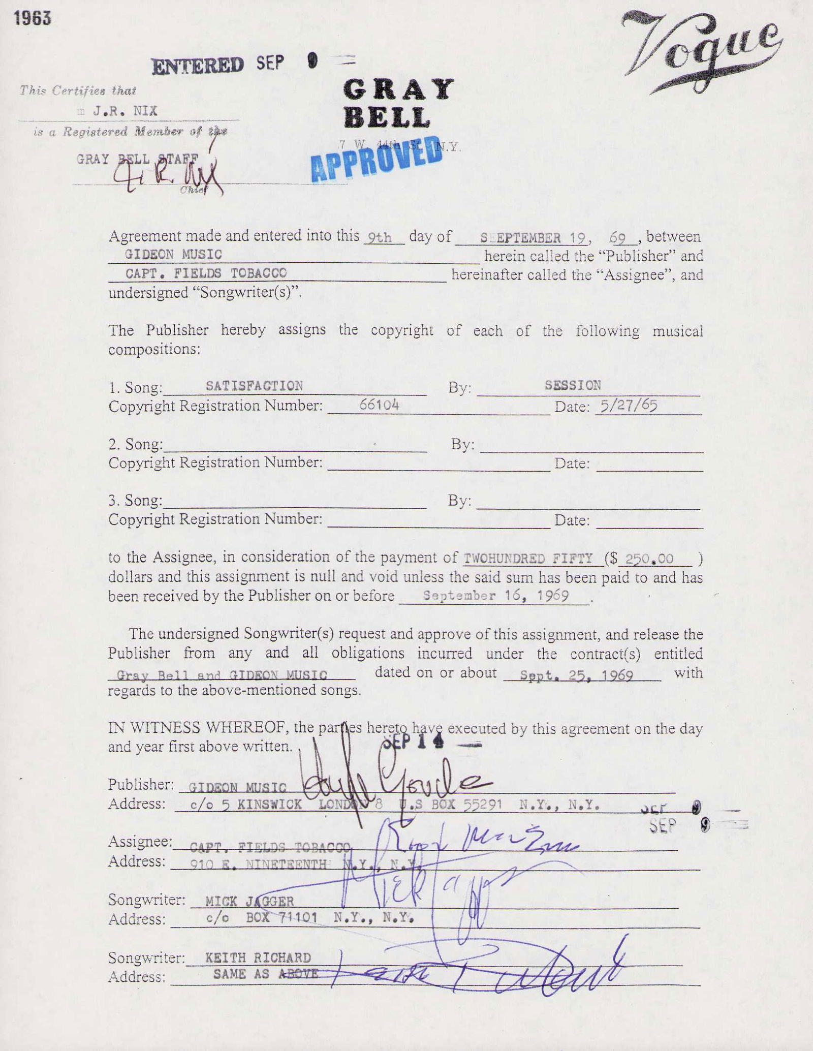 Satisfaction Rolling Stones signed contract (1 of 1)