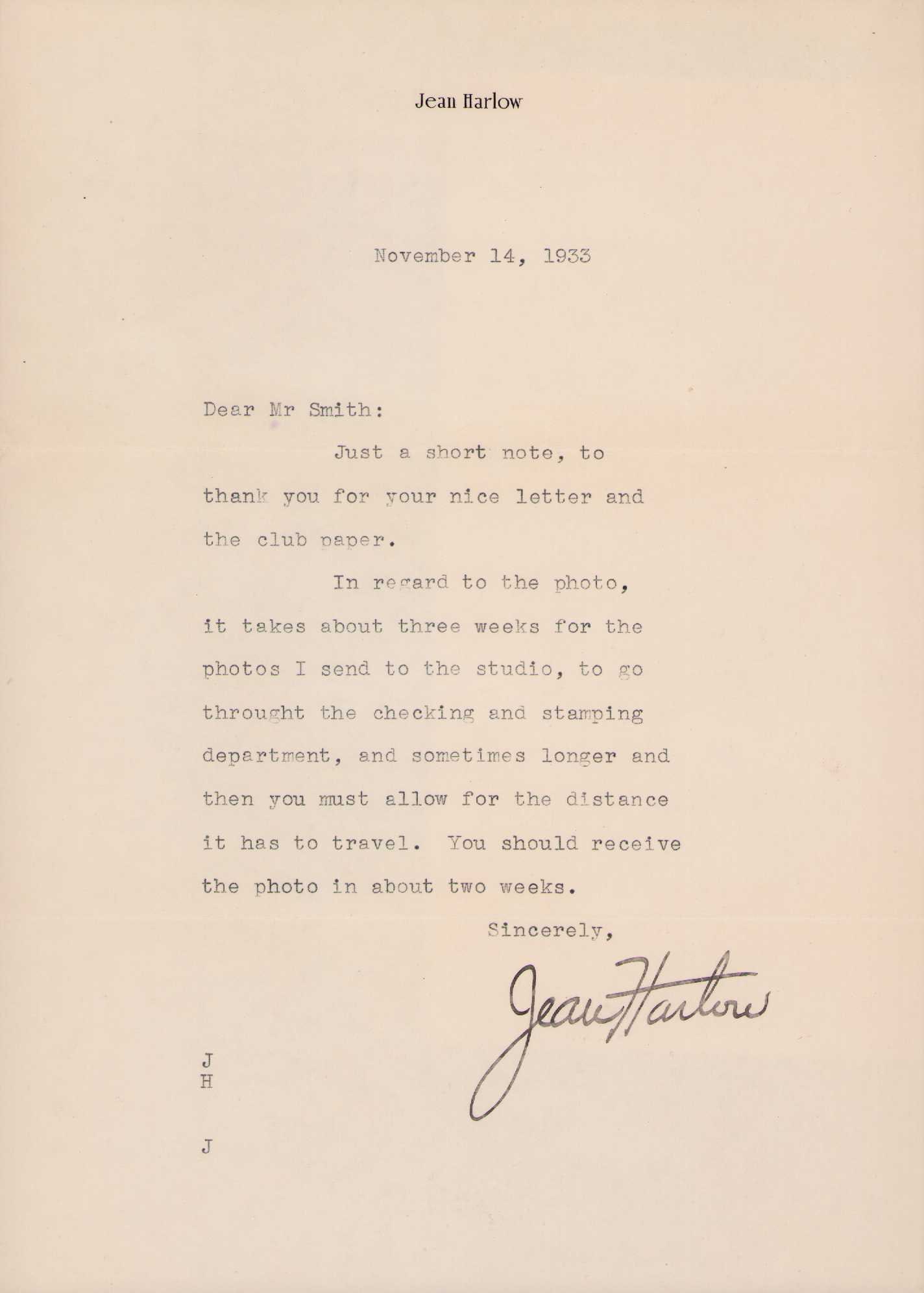 Jean Harlow signed letter (1 of 1)