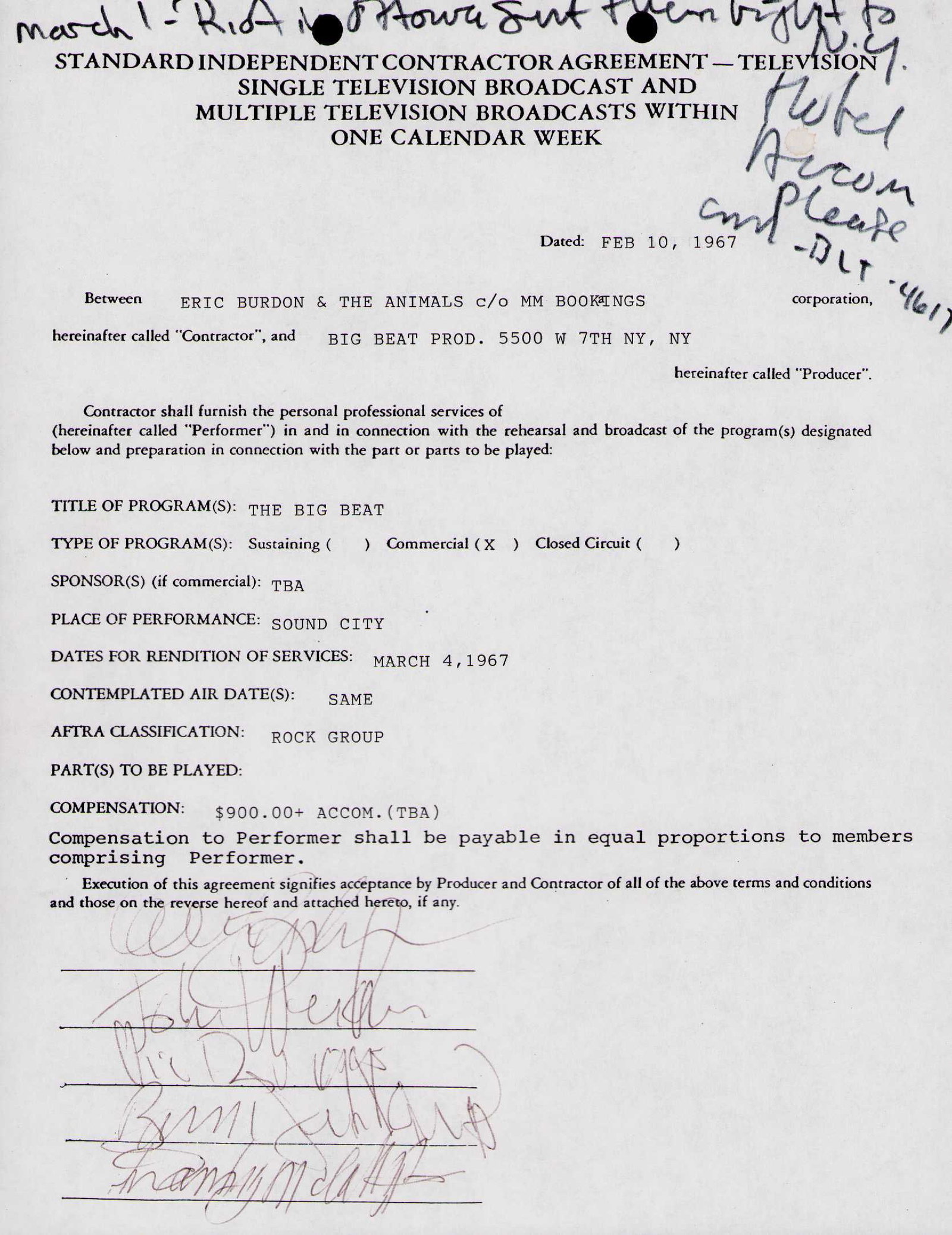 The Animals signed contract: A contract signed by the band the Animals to appear on the UK TV show the Big Beat in 1967 rare Certificate of AuthenticityEVERY item in this auction comes with at minimum a fully illustrated and seri