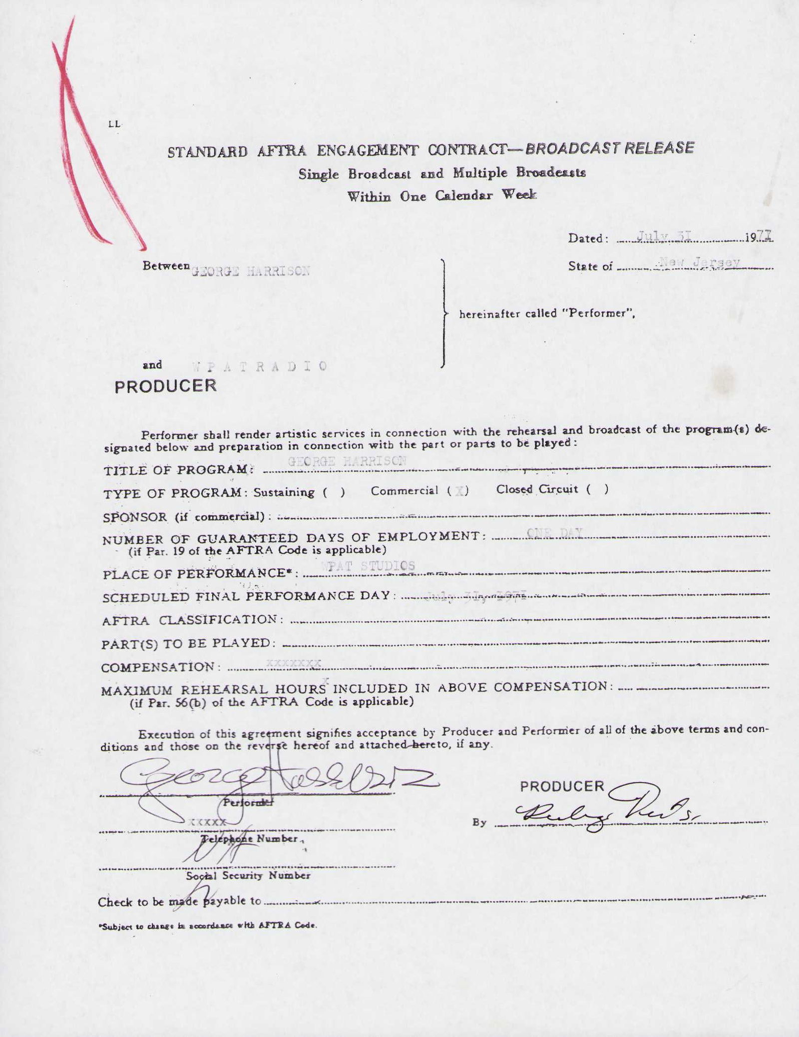 George Harrison signed contract (1 of 1)