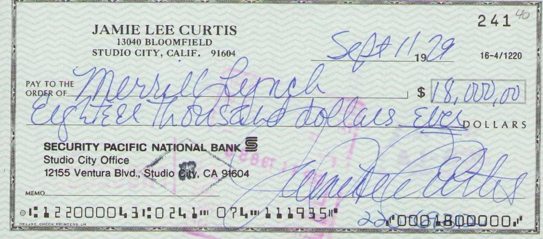 Jamie Lynn Curtis signed bank check: A bank check signed by the Halloween actress Certificate of AuthenticityEVERY item in this auction comes with at minimum a fully illustrated and serial numbered COA signed by the worlds leading authen