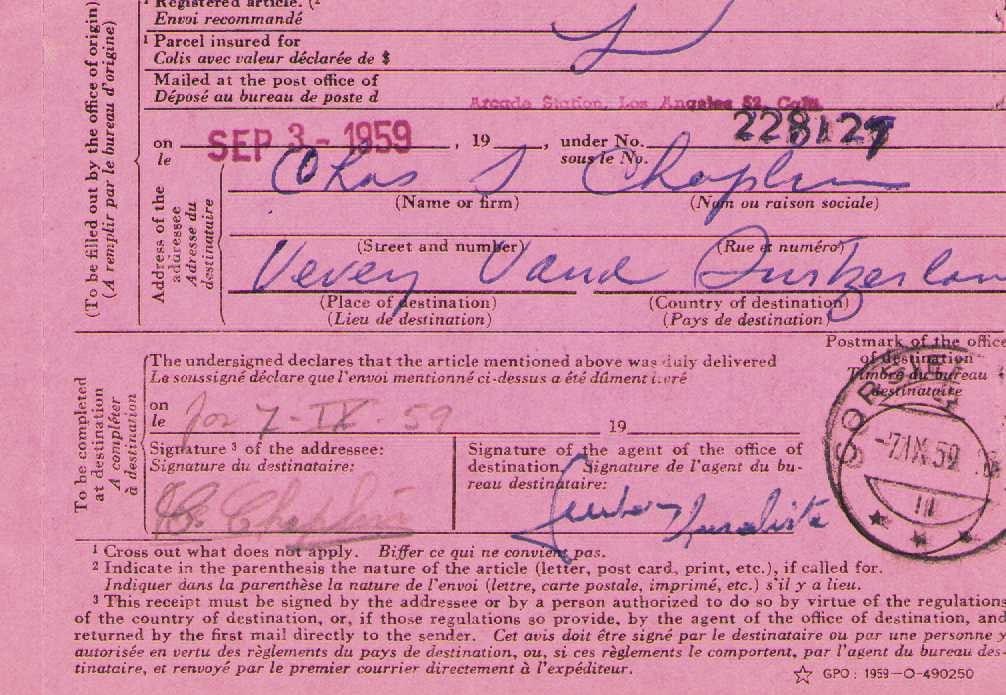 Charlie Chaplin signed postal receipt (1 of 1)