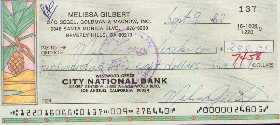 Melissa Gilbert signed bank check (1 of 1)
