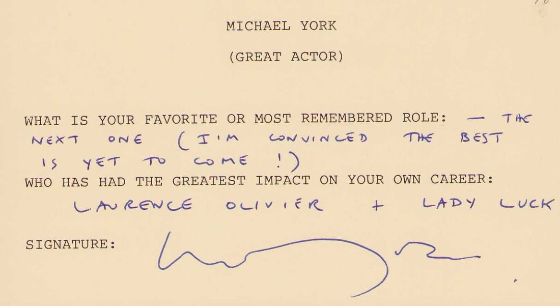 Michael York signed questionairre (1 of 1)