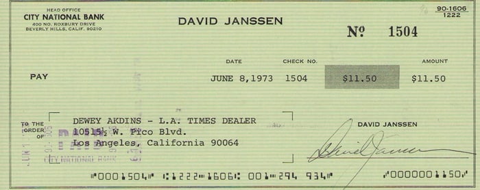 David Janssen signed bank check