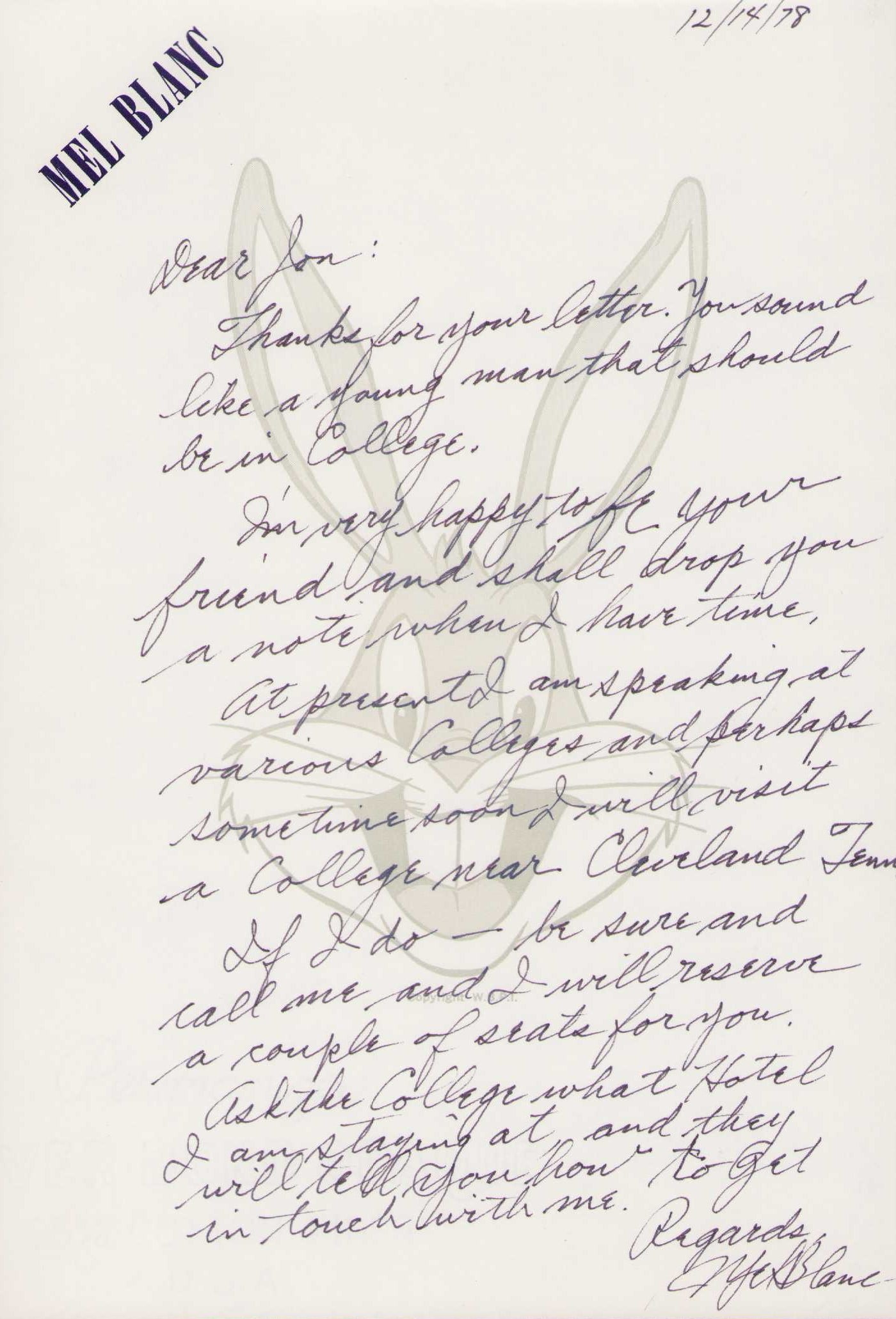 Mel Blanc rare handwritten letter (1 of 1)