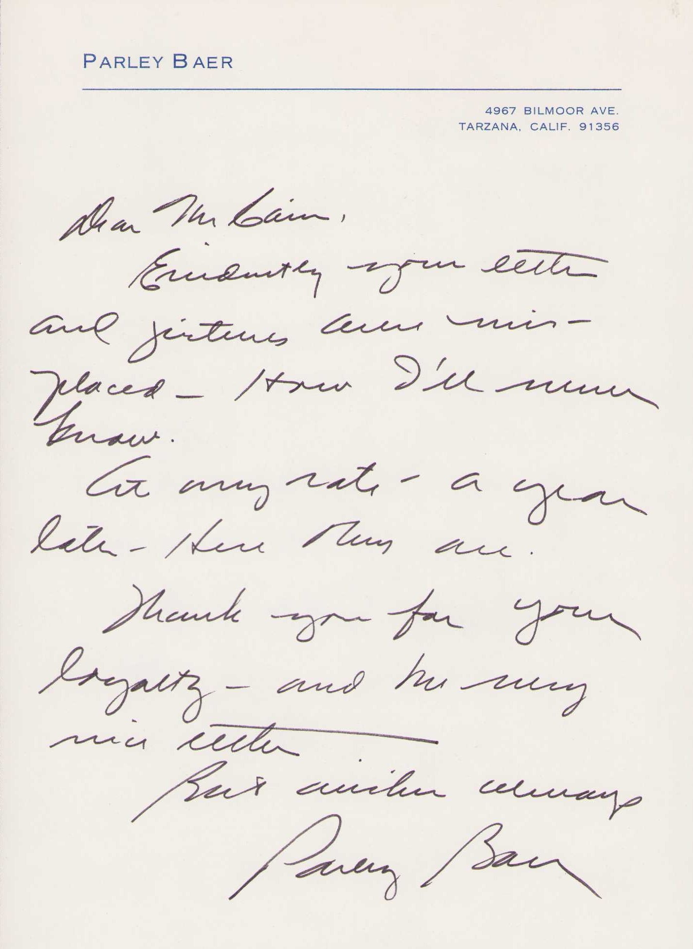 Parley Baer signed rare letter Petticoat Junction: A RARE letter signed by the locomotive engineer on TVS Petticoat Junction Certificate of AuthenticityEVERY item in this auction comes with at minimum a fully illustrated and serial numbered COA signed