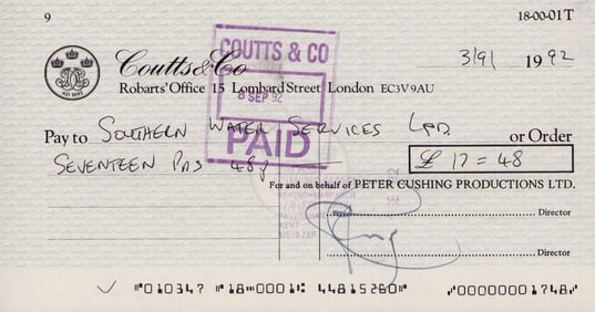 Peter Cushing signed bank check