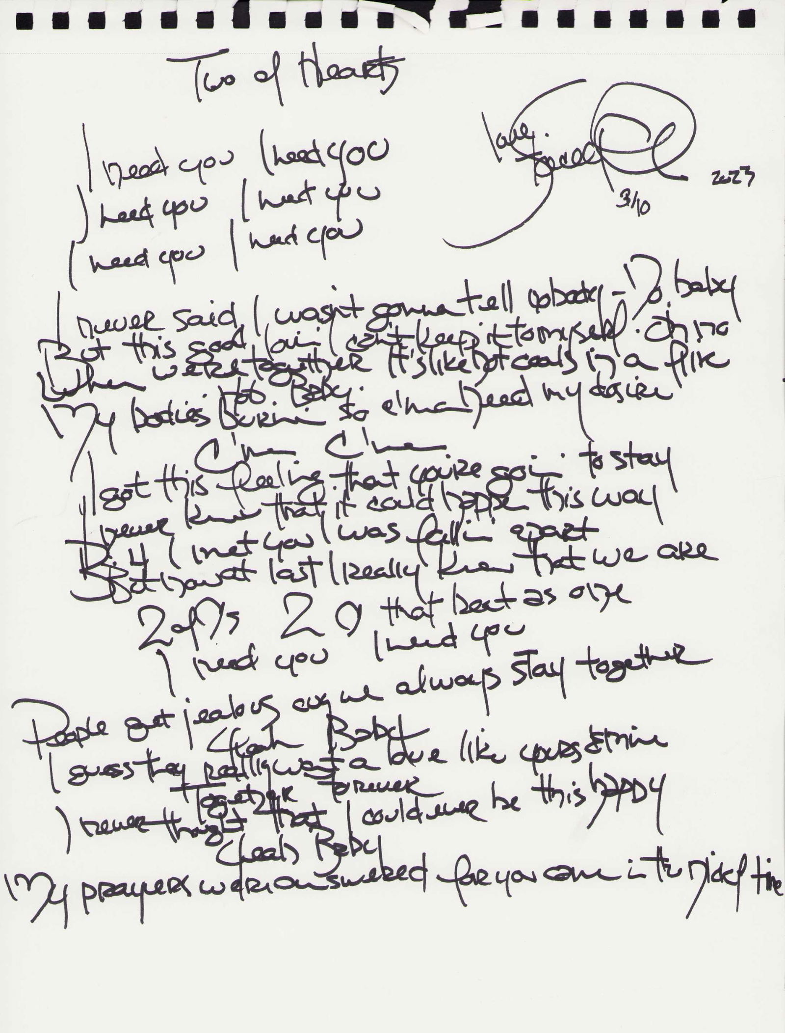 Two of Hearts handwritten lyrics Stacey Q  JSA (1 of 1)