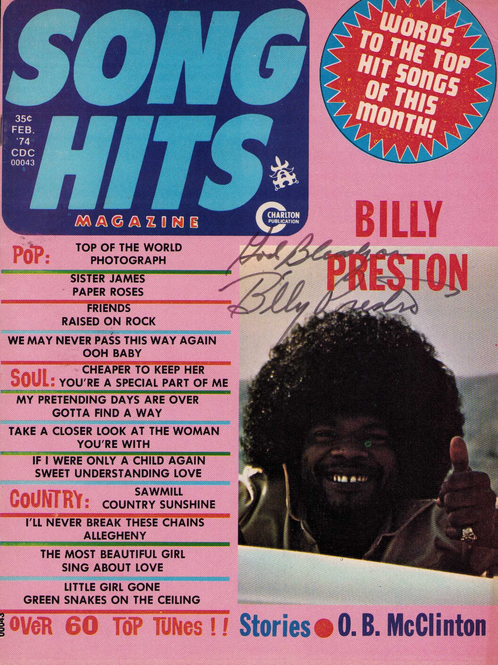 Billy Preston signed Song Hits magazine (1 of 1)