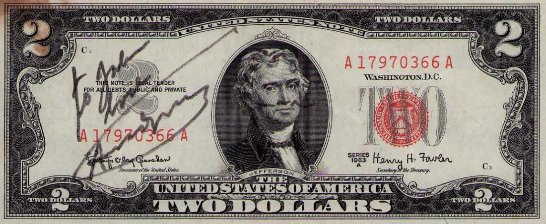 Andy Warhol rare signed sketched on 2.00 bill (1 of 1)