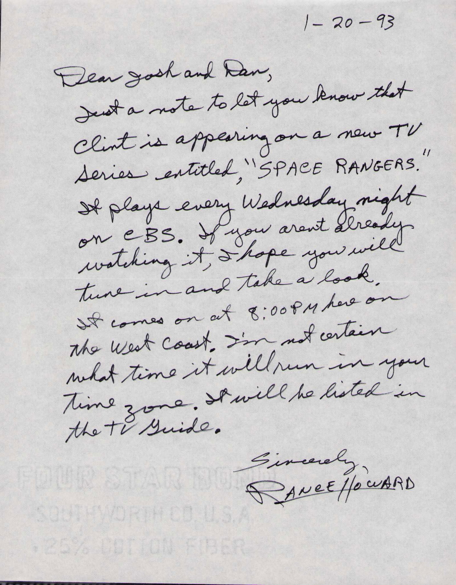 Rance Howard rare handwritten letter (1 of 1)