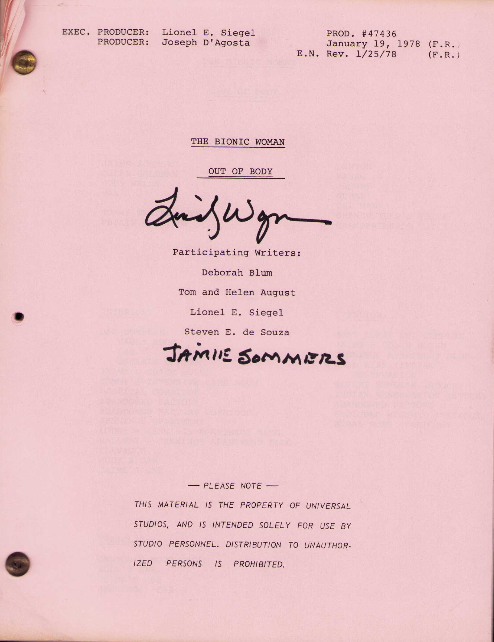 Bionic Woman signed original script (1 of 1)
