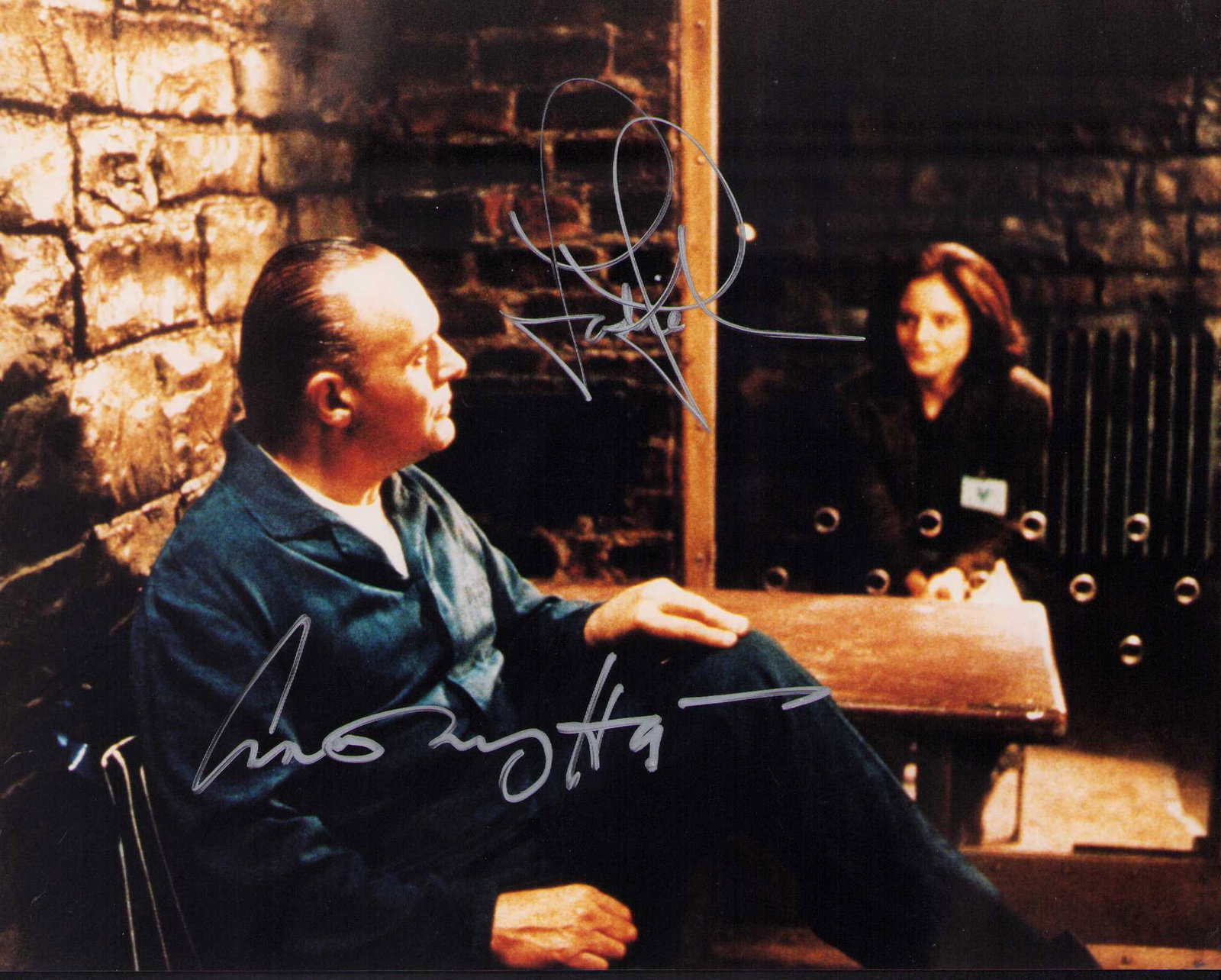 Silence of the Lambs cast signed photograph: Great scene from film signed by Jodie Foster and Anthony Hopkins both ! Certificate of AuthenticityEVERY item in this auction comes with at minimum a fully illustrated and serial numbered COA signed b