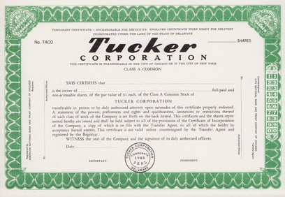 Tucker stock certificate prop