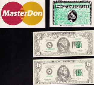 Dinosaurs prop money and credit cards