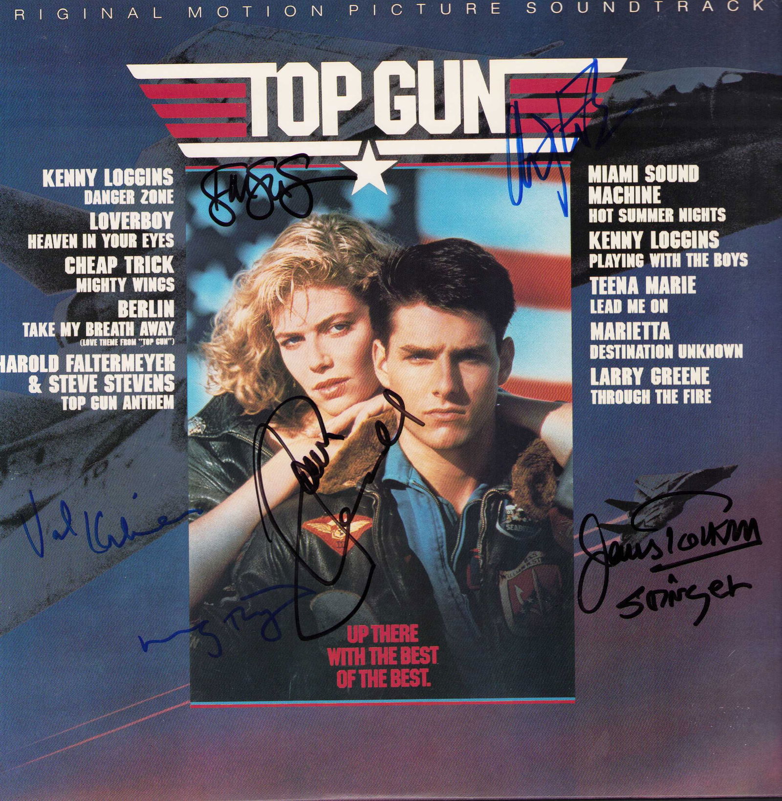 Top Gun soundtrack LP cast signed: A Top Gun soundtrack LP with record signed on the front by Kelly McGillis James Tolkan Anthony Edwards Val Kilmer Meg Ryan and of course TOM CRUISE Certificate of AuthenticityEVERY item in this auctio