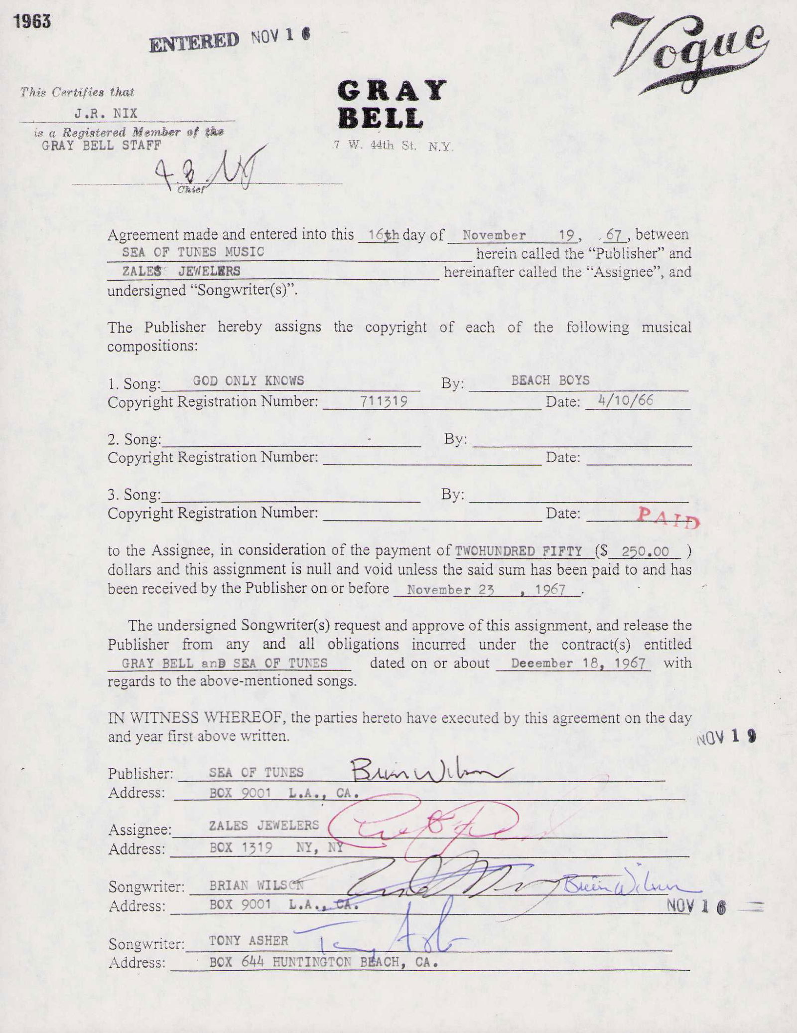 Brian Wilson rare publishing royalty contract signed (1 of 1)