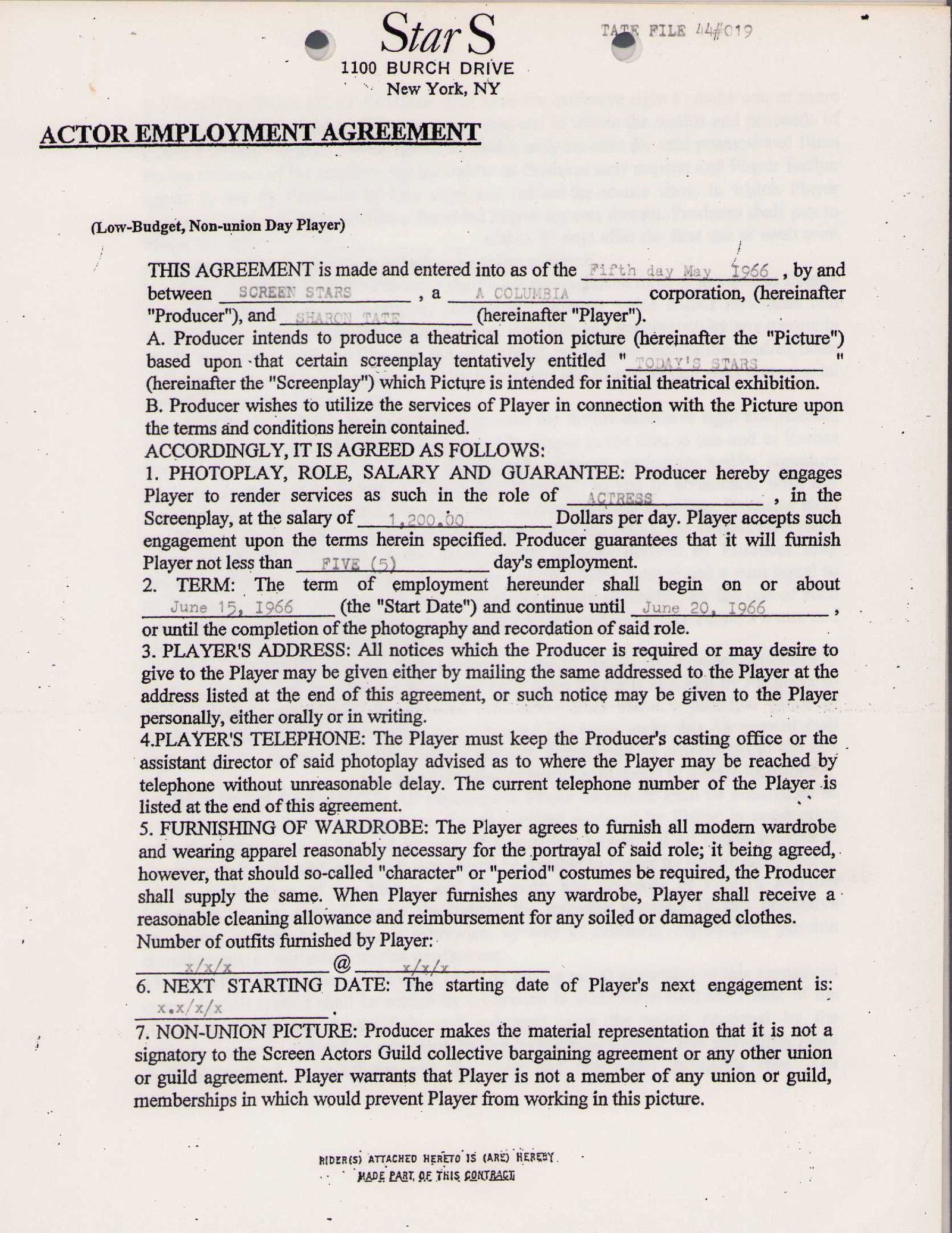 Sharon Tate exceedingly rare signed contract (1 of 2)