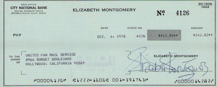 Elizabeth Montgomery bank check signed