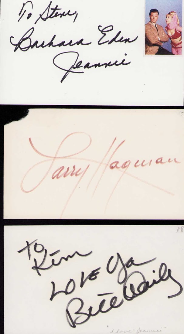 I Dream of Jeannie cast set of signatures: A set of signatures from the show Barbara Eden as Jeannie Larry Hagman as Col Nelson and Bill Daily as Roger Healey Certificate of AuthenticityEVERY item in this auction comes with at minimum a fully 