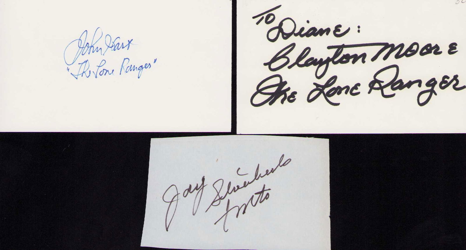 Lone Ranger set of signatures: A set of Lone Ranger Tv and film signatures John Hart Clayton Moore who both played him and the rare Jay Silverheels who played Tonto Certificate of AuthenticityEVERY item in this auction comes with a