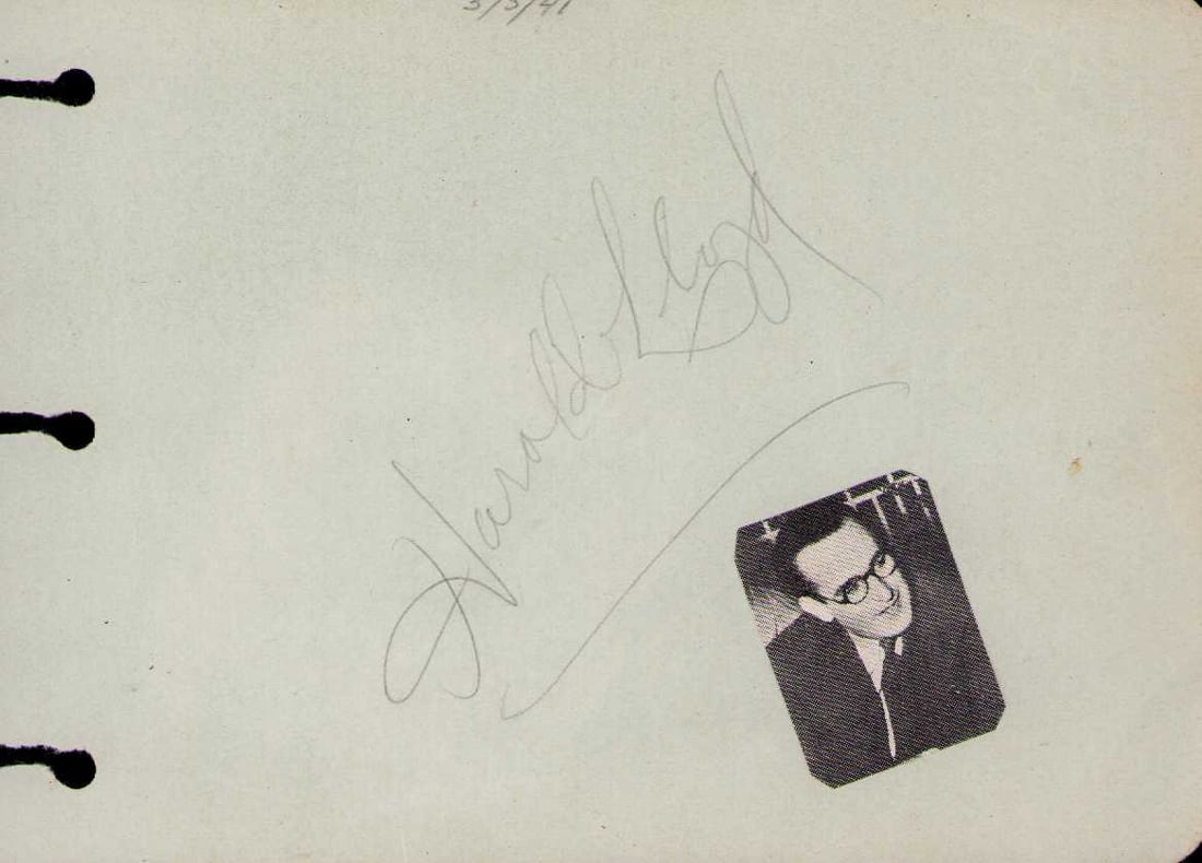 Harold Lloyd signature: A vintage signature of the early comedy legend during Chaplins time Certificate of AuthenticityEVERY item in this auction comes with at minimum a fully illustrated and serial numbered COA signed by th