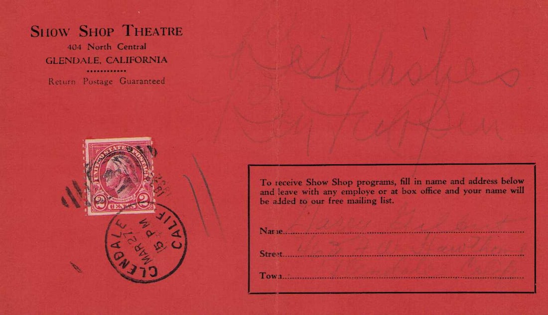 Ben Turpin signature: A rare signed card by the early silent fillm comedy legend Certificate of AuthenticityEVERY item in this auction comes with at minimum a fully illustrated and serial numbered COA signed by the worlds 